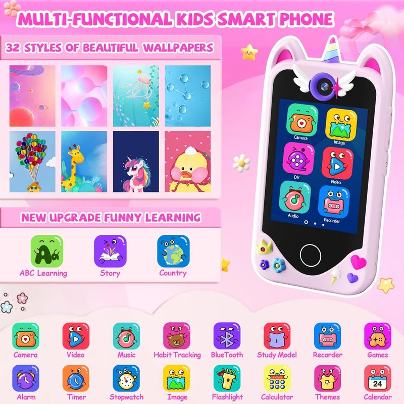Yosfeng Kids Smart Phone for Girls Gifts - Toddler Christmas Birthday Gift for Age 3 4 5 6 Year Old, Kids Cell Phone Toy with Touchscreen, Dual Cameras, Learning, Kid Mp3 Player, Games with 32 GB Card - Image 2